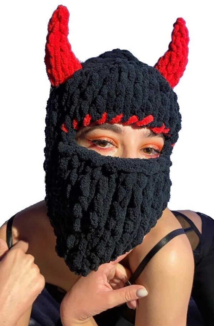9729 Y2k Knit Balaclava Face Mask Bunny Ear Horn Ski Scarf Winter Warm Hat